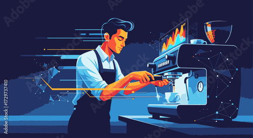 A male barista uses a futuristic, high-tech espresso machine with digital data streams and a glowing interface.