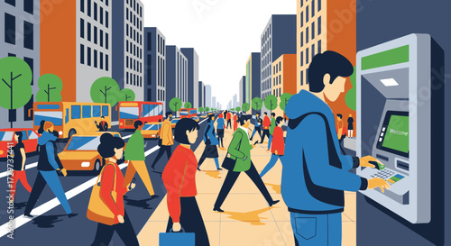 A man using an ATM on a busy city street with pedestrians and traffic in a flat vector illustration style.