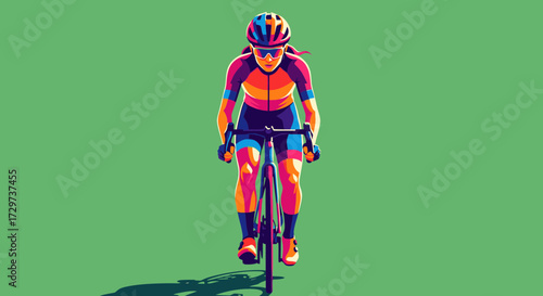 A colorful graphic illustration of a female cyclist riding her bike head-on against a solid green background.