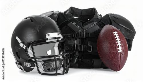 Equipment displayed prominently showcases a black helmet with a faceguard, a protective black shoulder pad, and a brown and white football, all set against a pristine white background, emphasizing...