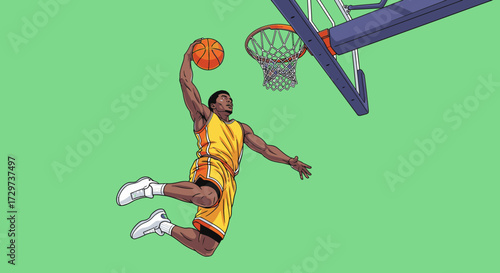 Illustration of a male basketball player in a yellow uniform jumping high to slam dunk the ball.