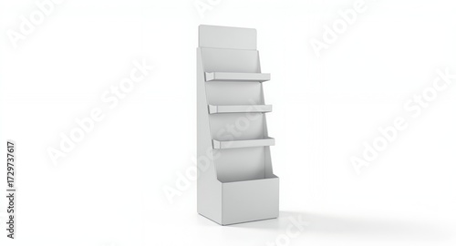 A white, blank, floor-standing display unit