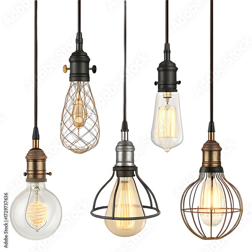 Collection of five vintage light bulbs with different designs isolated on transparent background each bulb features a unique filament and shape, perfect for adding a retro touch