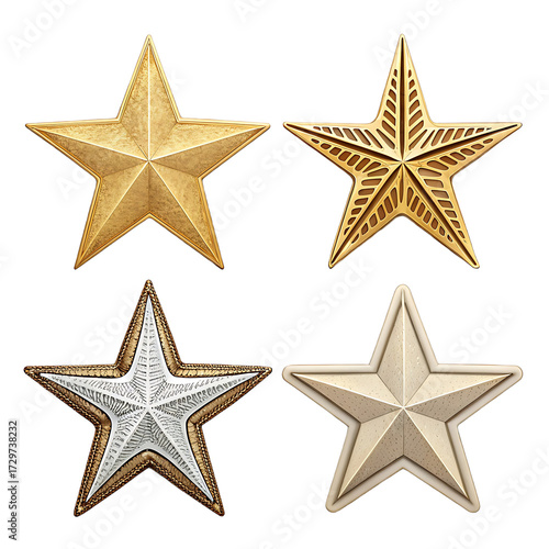 Collection of four gold and silver star badges isolated on transparent background, perfect for military, police, sheriff, or achievement recognition, adding a touch of honor