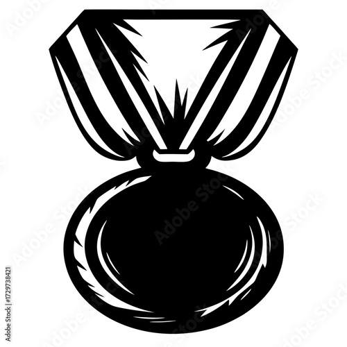 Detailed monochromatic illustration of a round medal suspended from a striped ribbon