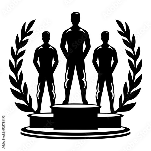 Victors on a Podium Framed by a Laurel Wreath in Black and White