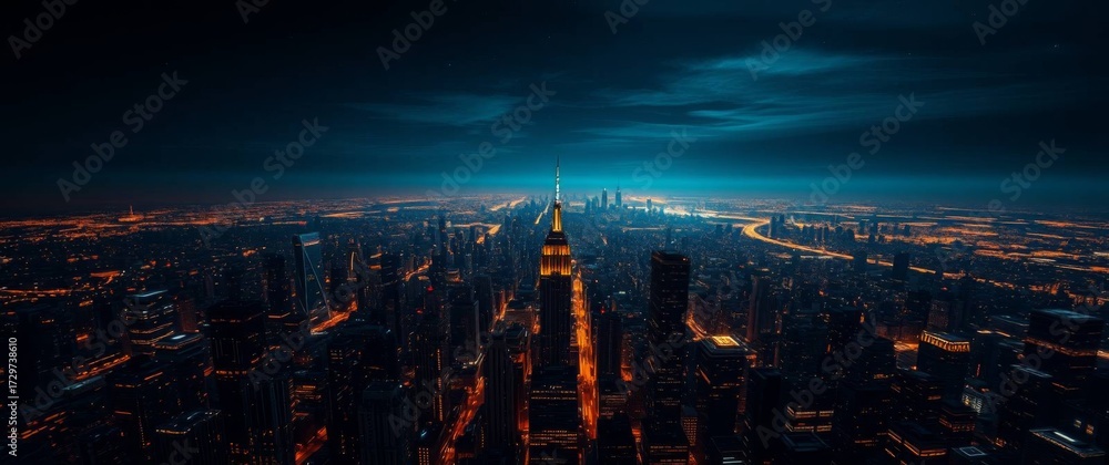 Obraz premium Breathtaking aerial view of a sprawling metropolis at night, with towering skyscrapers illuminating the urban landscape under a deep blue sky