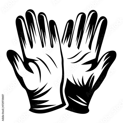 Black and white illustration of two gloves, possibly medical or cleaning gloves