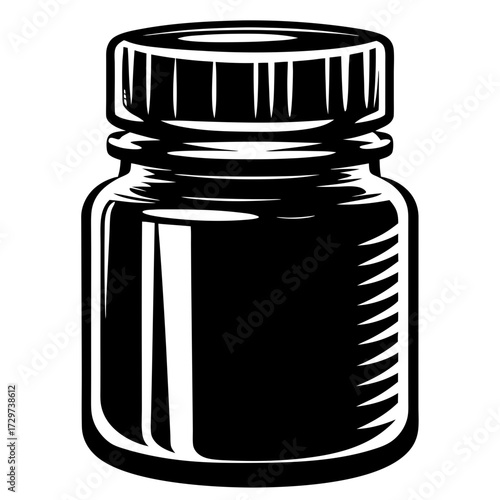 Monochromatic illustration of a medication or supplement bottle with a ribbed lid