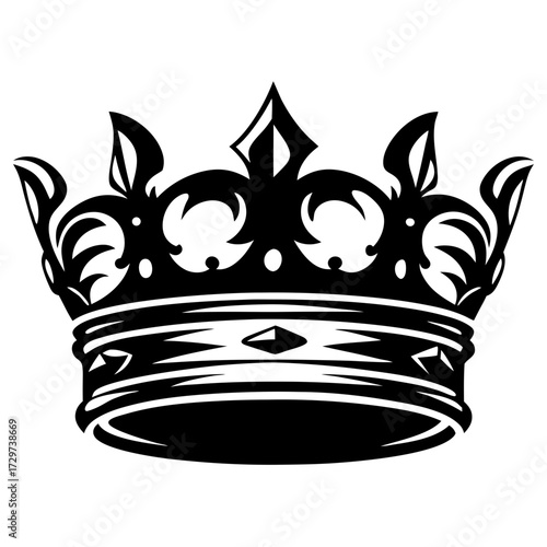 Elegant black and white illustration of a classic crown design with flourishes