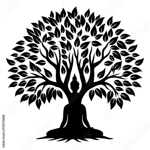 Meditating Buddha Silhouette Beneath the Bodhi Tree of Enlightenment and Serenity