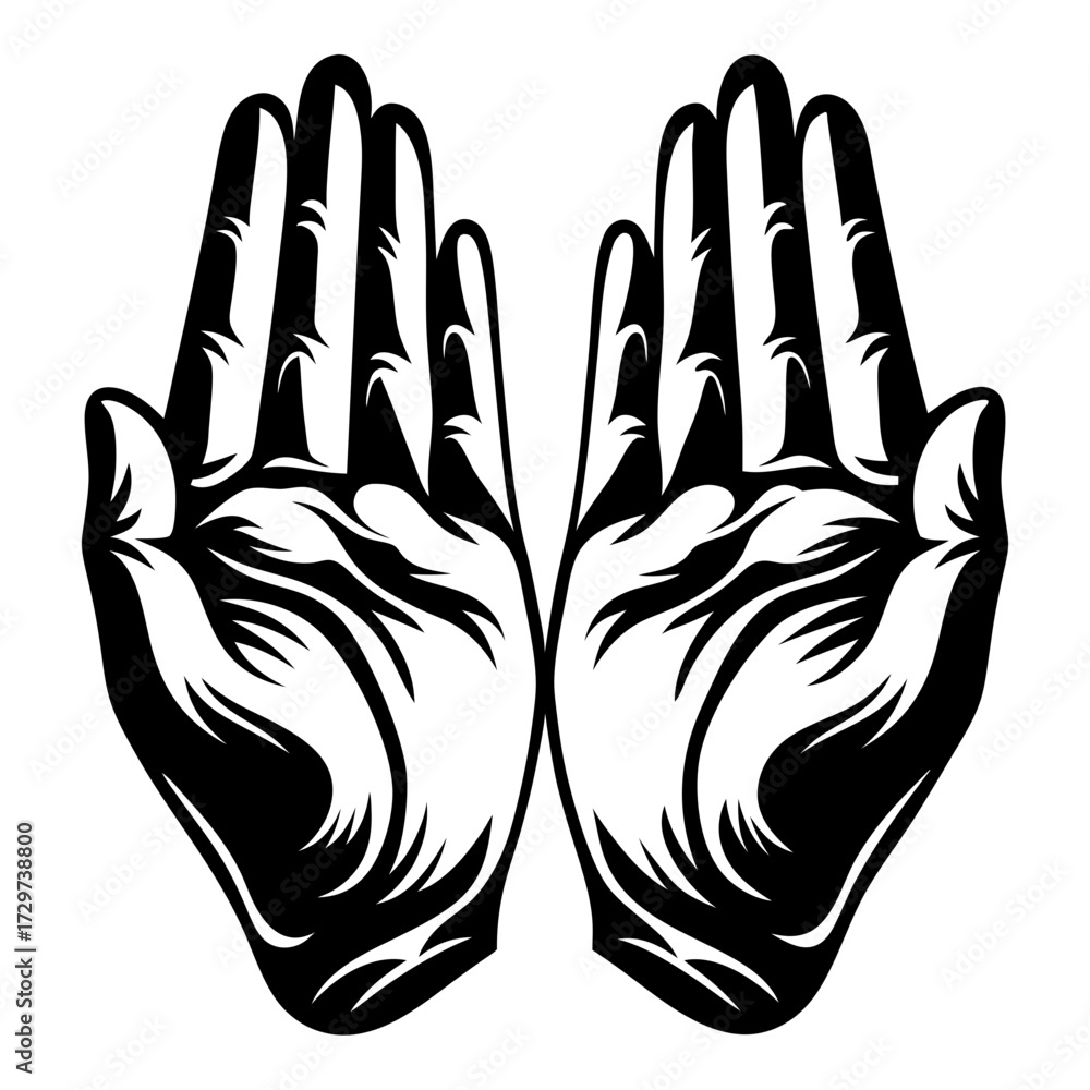 Obraz premium Two outstretched hands in a black and white graphic illustration
