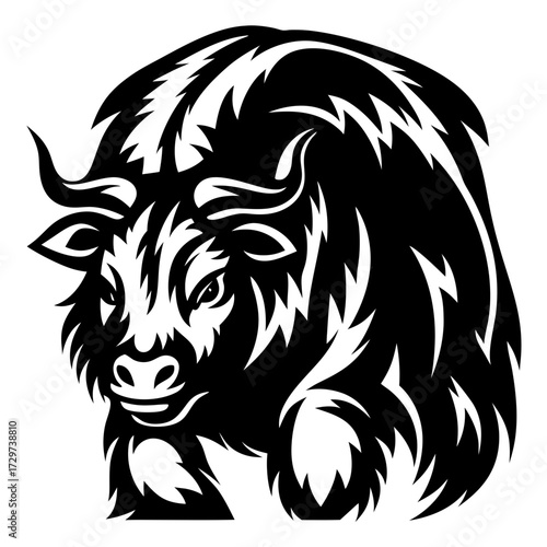 Bold black and white illustration of a formidable wild yak or bison
