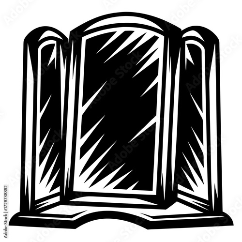 Ornate Black and White Mirror Illustration, Woodcut Style with Geometric Design