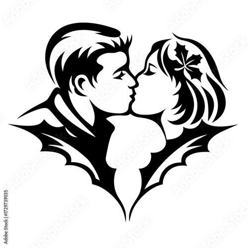 Stylized black and white illustration of a kissing couple in a heart shape