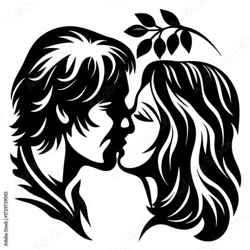 Monochrome illustration of a couple in love, sharing a kiss tenderly
