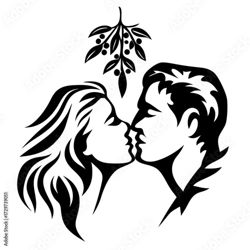 A Silhouette of a Couple Kissing Under the Mistletoe, Romantic Black and White Art