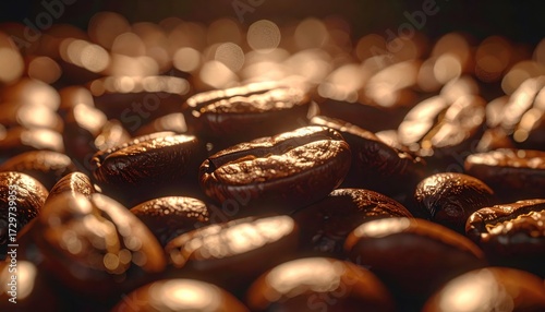 Roasting brown coffee beans are piled together, showcasing a  shot emphasizing rich details and textured surfaces; warm, inviting light highlights the roasted beans, creating a delectable display for.