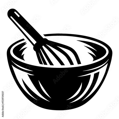 Black and white image of a bowl with a whisk inside of it