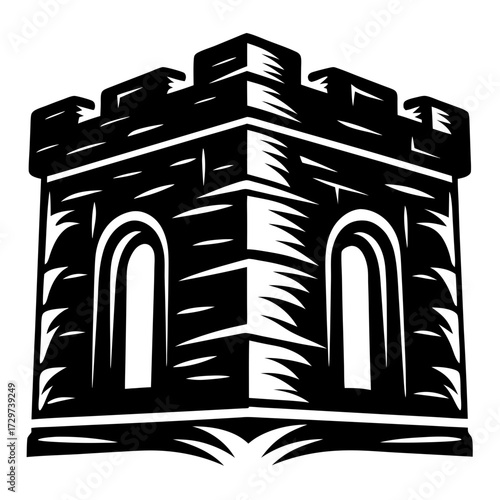 Bold monochrome illustration of a medieval castle tower, a symbol of strength