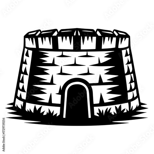 A simple black and white illustration of a fortified castle tower