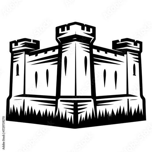 Bold monochrome illustration of a medieval castle tower, a symbol of strength