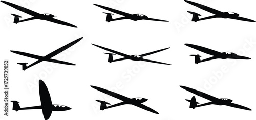 Silhouette of glider planes, aviation design, aircraft icons, airplane illustration, black airplane shapes, aeronautical vector, flight symbols, transport graphics