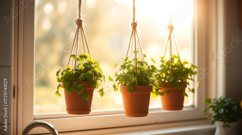 Sun-drenched kitchen window with three hanging terracotta pots of lush green herbs in golden sunlight
