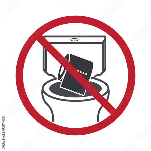 Isolated prohibition sign, do not flush toilet paper roll into wc, warning sign for blockage, plumbing damage, restroom hygiene caution