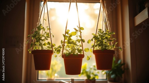 Sunlit Kitchen Window with Hanging Terracotta Herb Pots