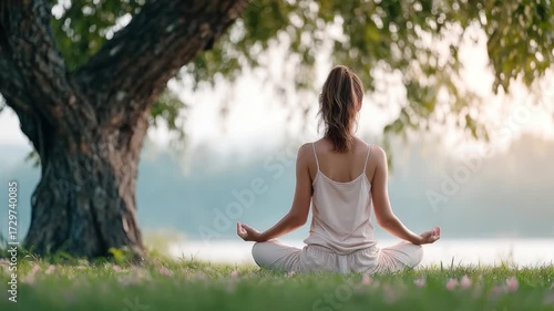Wallpaper Mural Serene Yoga by the Lake: A person finds inner peace through yoga and meditation, seated beneath a sheltering tree with a calm lake as their tranquil backdrop. Torontodigital.ca