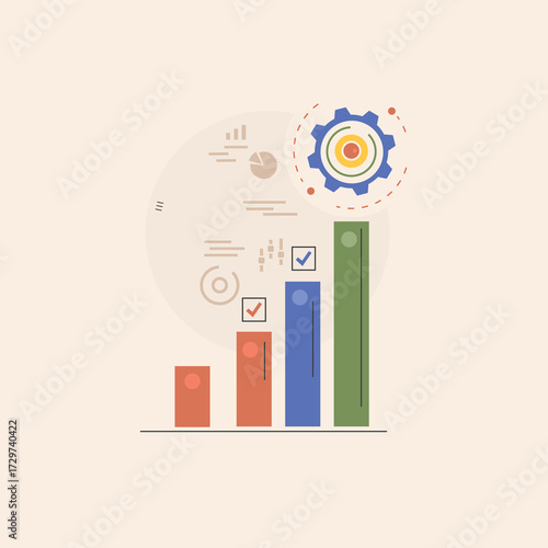 Flat design business analytics chart with gear icon and checklist, symbolizing growth and efficiency