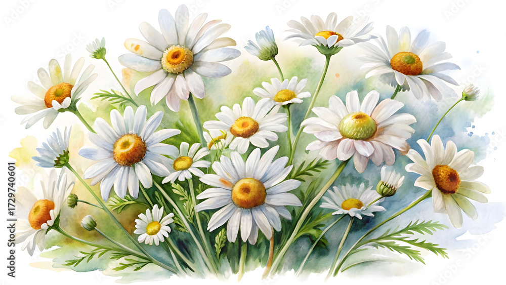 Fototapeta premium Watercolor painting of a bunch of daisies isolated on white background