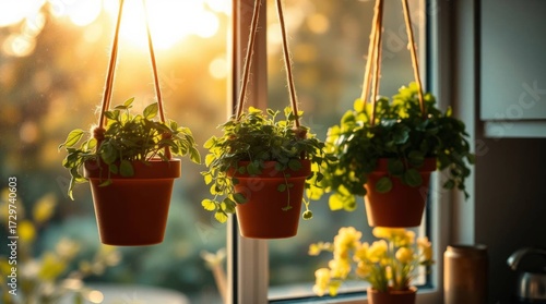 Golden sunlight illuminates three hanging plants in terracotta pots against a window