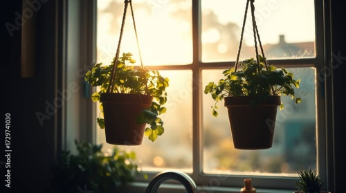 Sunlit Kitchen Window with Hanging Plants in Terracotta Pots at Sunset