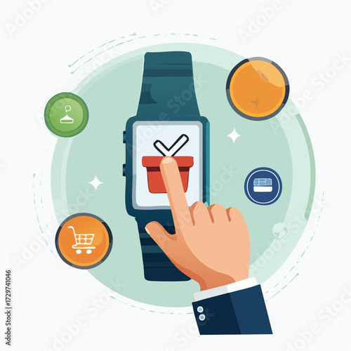 Digital Illustration of Smartwatch with Shopping Cart Icon and Finger Touching Screen Over Light Green Background