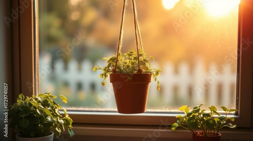 Warm Sunlight Through a Window Illuminates Hanging Potted Plants