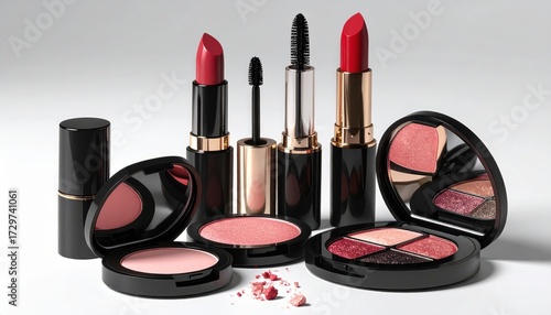 Several pieces of cosmetic products are neatly arranged on a white surface, showcasing makeup essentials with black and gold packaging.