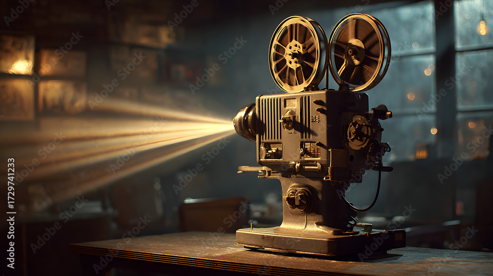 Fototapeta premium Vintage 1950s film projector illuminating a nostalgic cinematic experience with reels