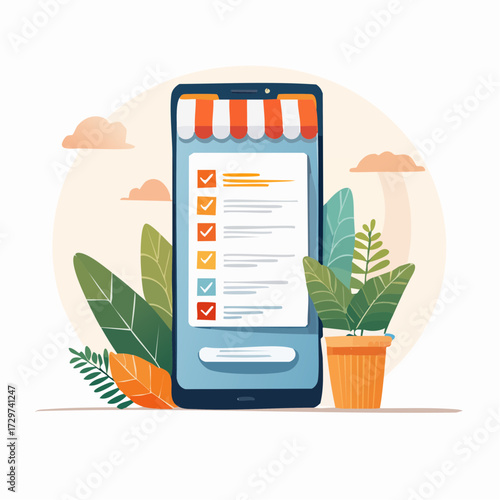 Smartphone displaying checklist with orange canopy abstract design with green leaves in a pot on a soft beige background