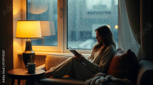 Serene Moment Woman Reading by a Rain-Speckled Window in Warm Light