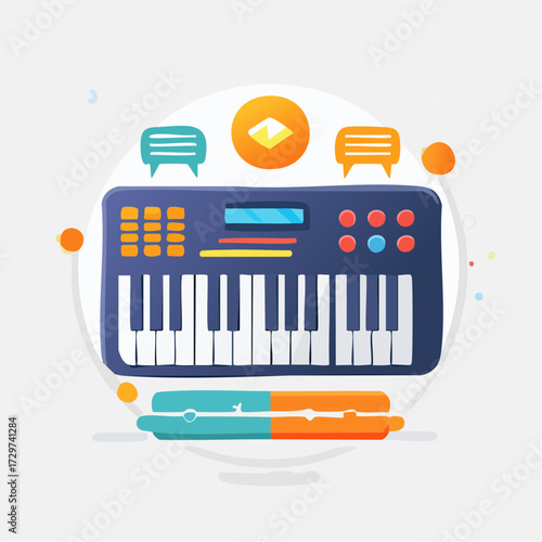 Digital Synthesizer Icon on White with Orange Yellow and Blue Accents in a Flat Design