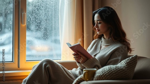 Woman Reading Book by Window on a Rainy Day with Cozy Ambiance