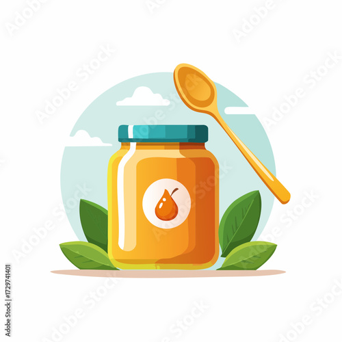 Illustration Of Honey Jar With Wooden Spoon and Green Leaves on White Background