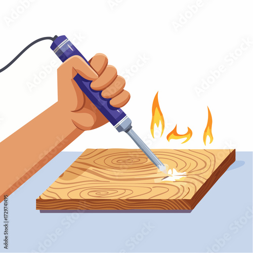Close Up Of A Hand Holding A Soldering Iron Burning Wood With Flames And Blue Electric Handle