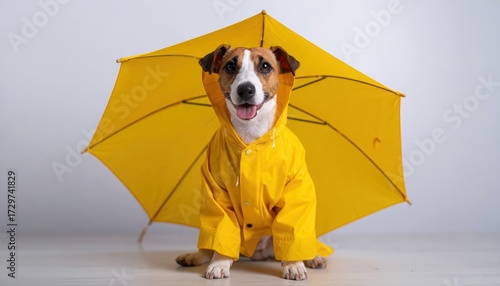 A charming dog sits patiently wearing a yellow raincoat under a matching yellow umbrella, with a bright and happy expression on its face, the backdrop is neutral colored, ideal for various creative...