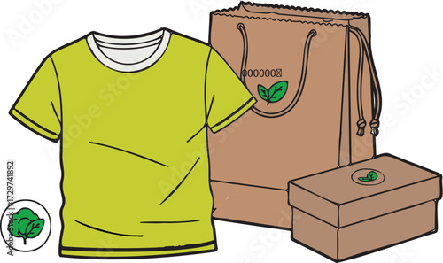 Vector art of a white tshirt, a shopping bag, and a small box are arranged together, with a cotton symbol nearby, suggesting ecofriendly apparel and packaging