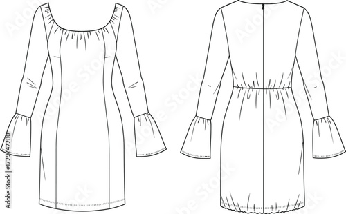 Boho bell sleeve mini dress fashion flat sketch with gathered neckline and waist detail, women clothing template, cad drawing flat vector illustration