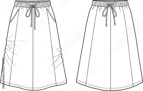 Drawstring midi skirt fashion flat sketch, casual pocket detail vector clothing template, elastic waistband garment design CAD drawing flat vector illustration
