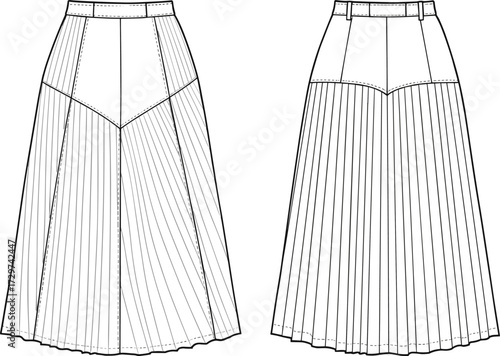 Elegant pleated midi skirt fashion flat sketch with waistband and panels, women clothing technical template, cad drawing flat vector illustration